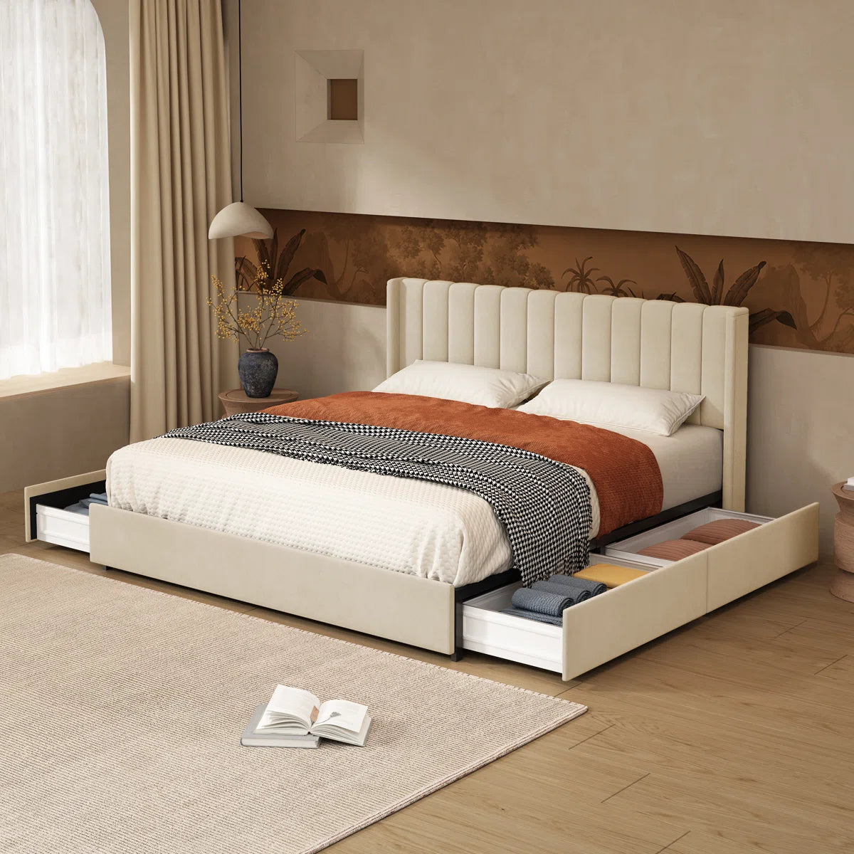 Hunar Velvet Upholstered King Size Bed In Warm White Colour With Drawer Storage