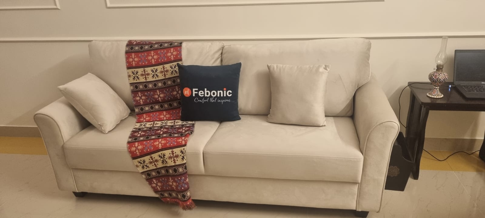 Daroo Velvet 3 Seater Sofa In Camel Beige Colour - Febonic Living