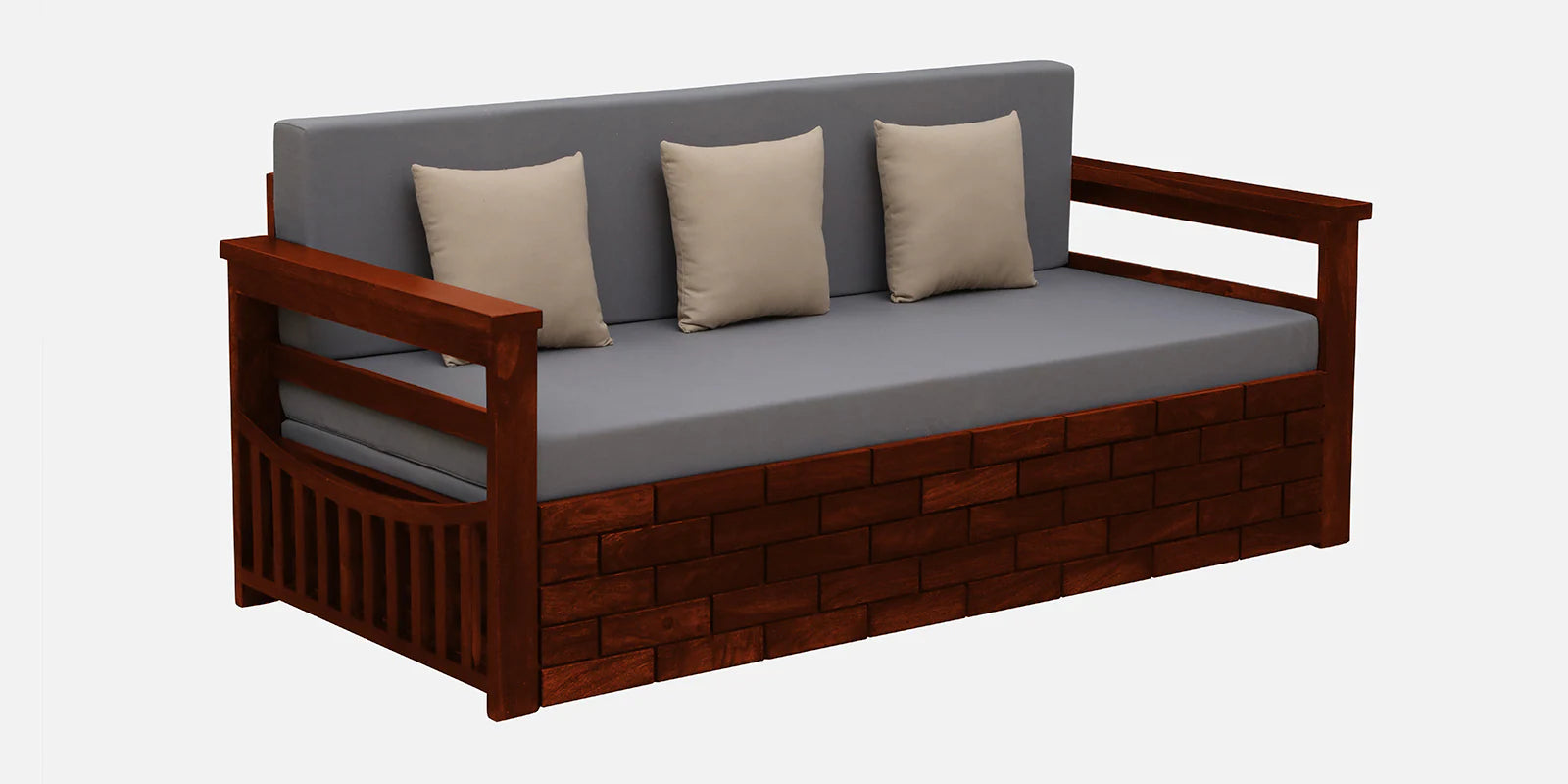 Imani Sheesham Wood Pull Out 3 Seater Sofa Cum Bed In Honey Oak Finish with Storage - Febonic Living