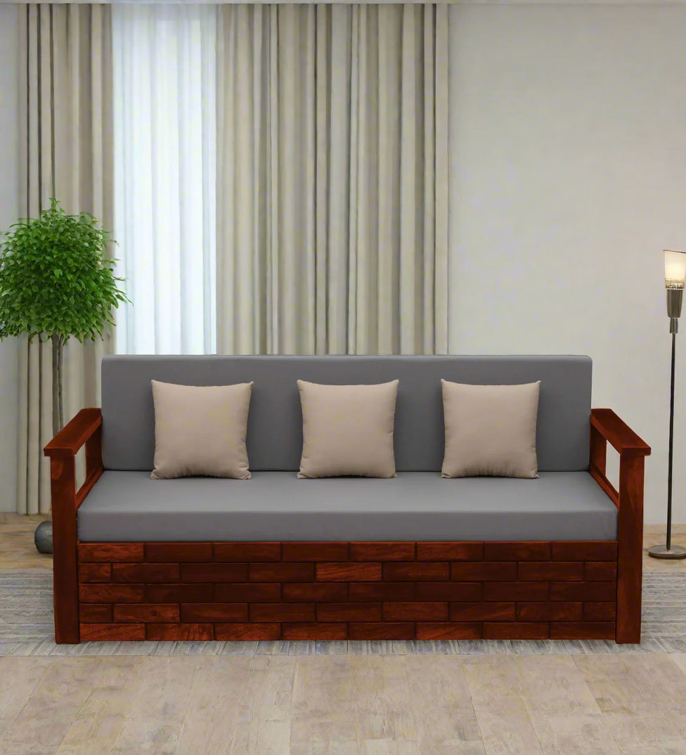 Imani Sheesham Wood Pull Out 3 Seater Sofa Cum Bed In Honey Oak Finish with Storage - Febonic Living