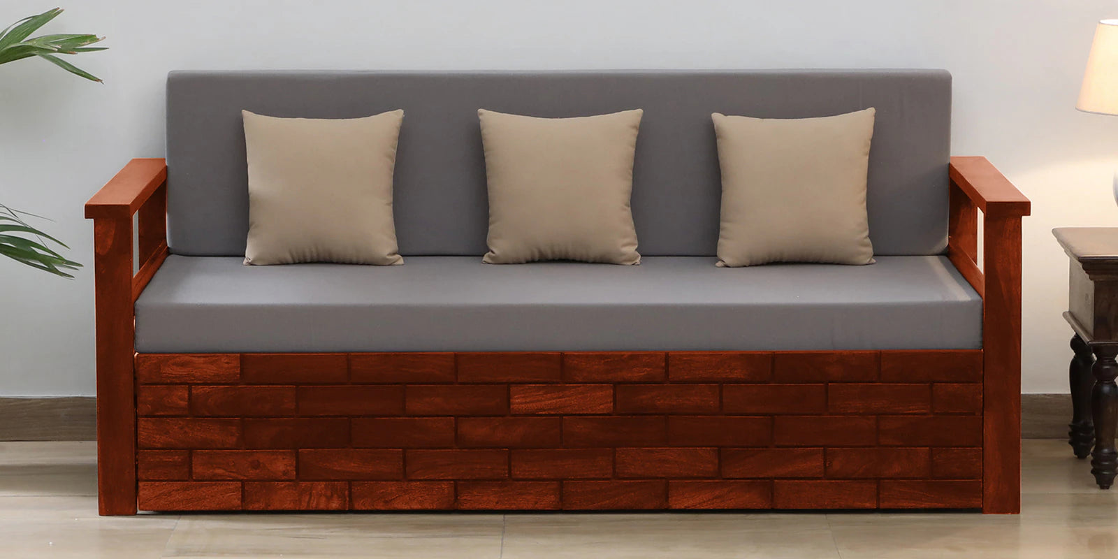 Imani Sheesham Wood Pull Out 3 Seater Sofa Cum Bed In Honey Oak Finish with Storage - Febonic Living