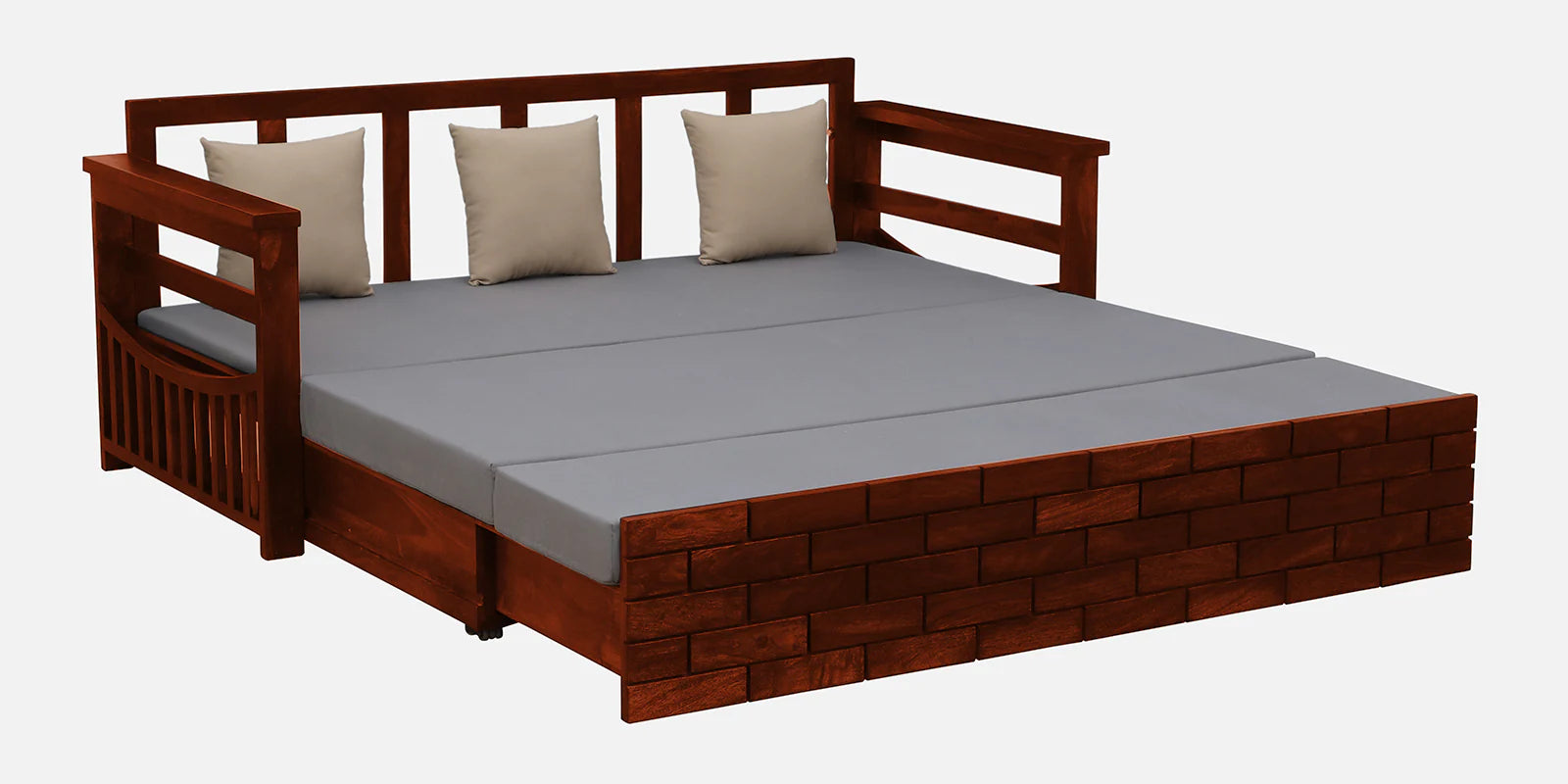 Imani Sheesham Wood Pull Out 3 Seater Sofa Cum Bed In Honey Oak Finish with Storage - Febonic Living