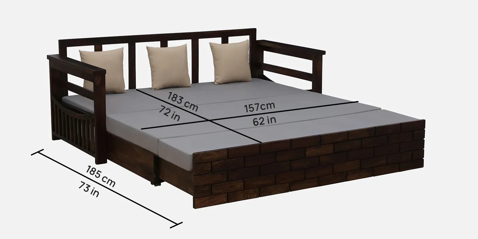 Imani Sheesham Wood Pull Out 3 Seater Sofa Cum Bed In Provincial Teak Finish with Storage - Febonic Living
