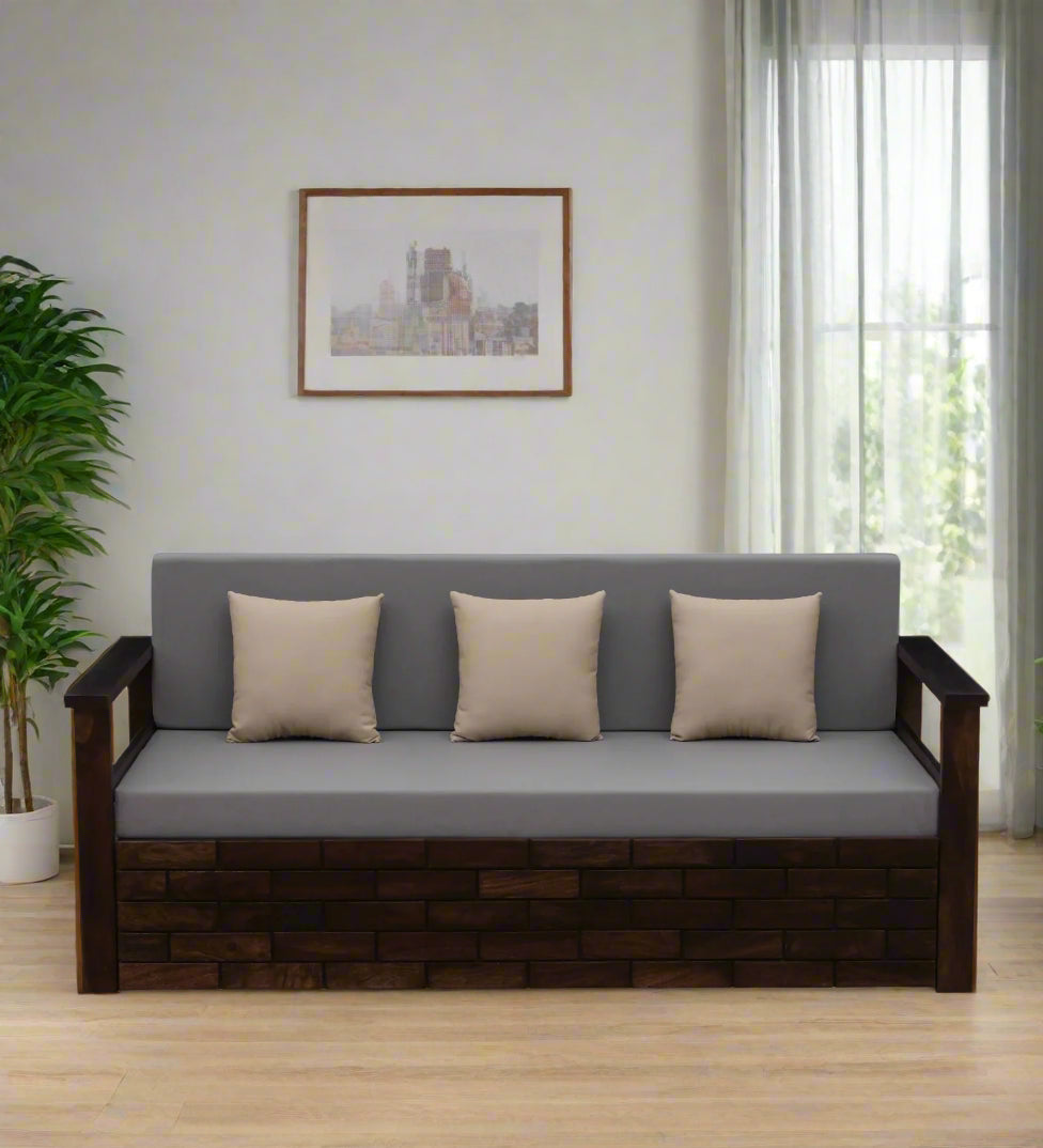 Imani Sheesham Wood Pull Out 3 Seater Sofa Cum Bed In Provincial Teak Finish with Storage - Febonic Living