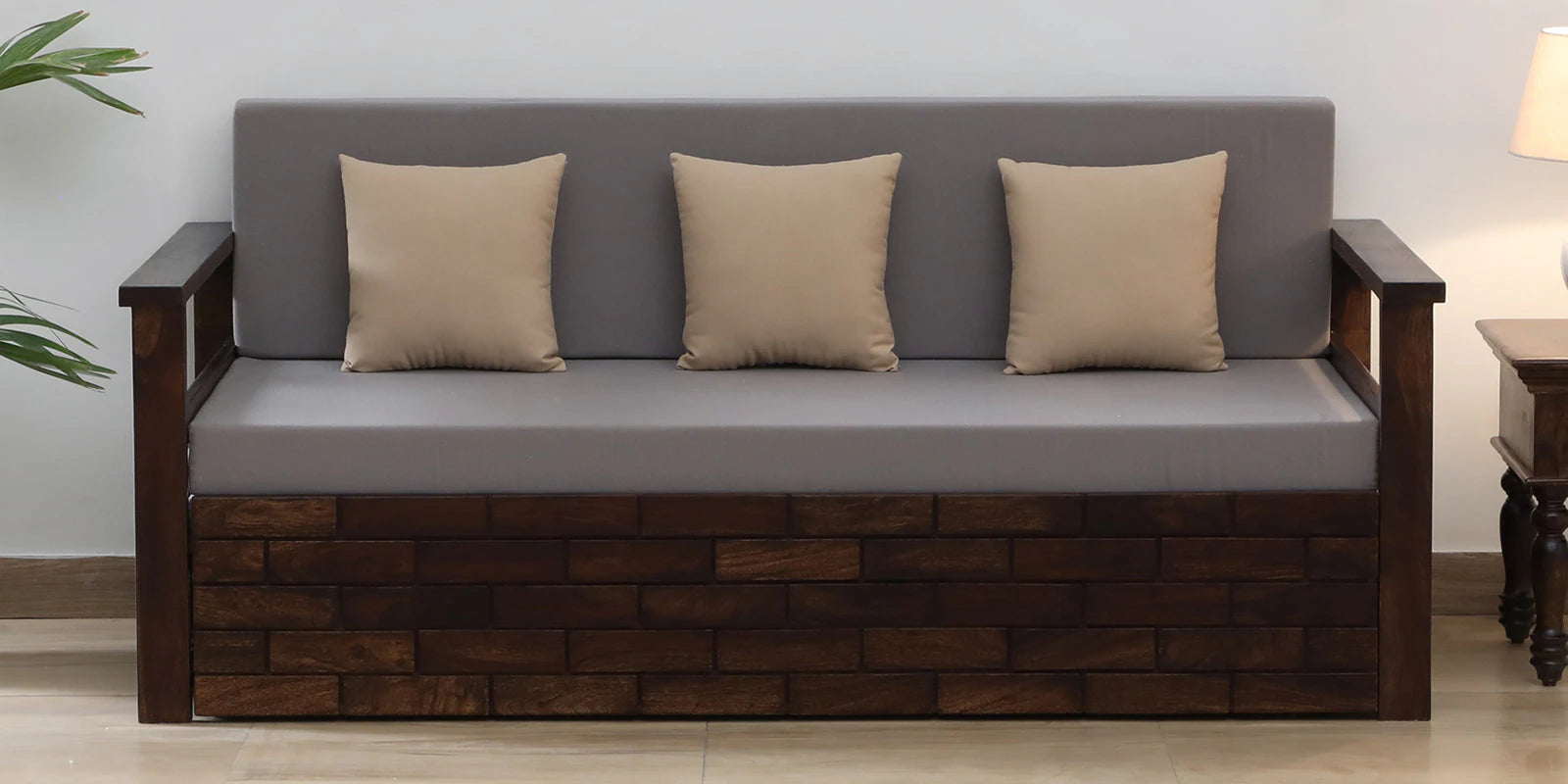 Imani Sheesham Wood Pull Out 3 Seater Sofa Cum Bed In Provincial Teak Finish with Storage - Febonic Living