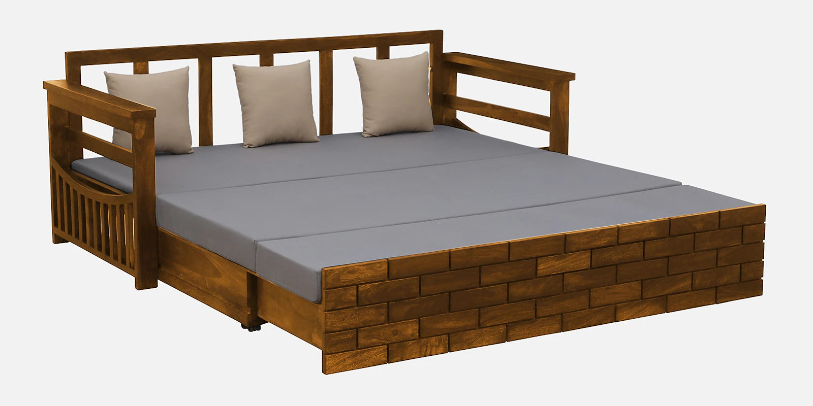 Imani Sheesham Wood Pull Out 3 Seater Sofa Cum Bed In Rustic Teak Finish with Storage - Febonic Living