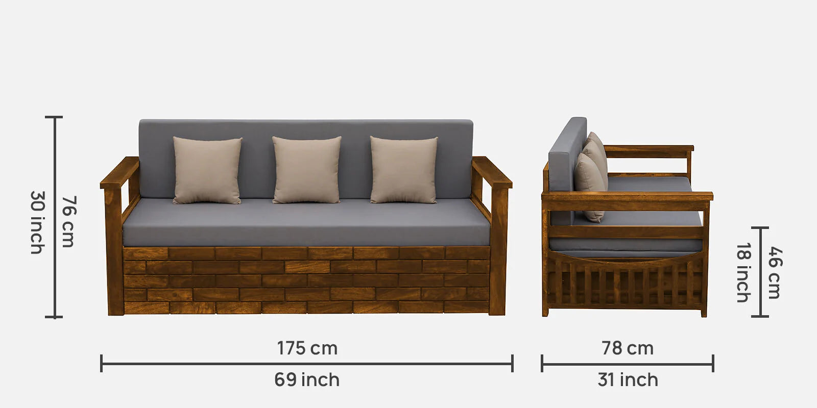 Imani Sheesham Wood Pull Out 3 Seater Sofa Cum Bed In Rustic Teak Finish with Storage - Febonic Living