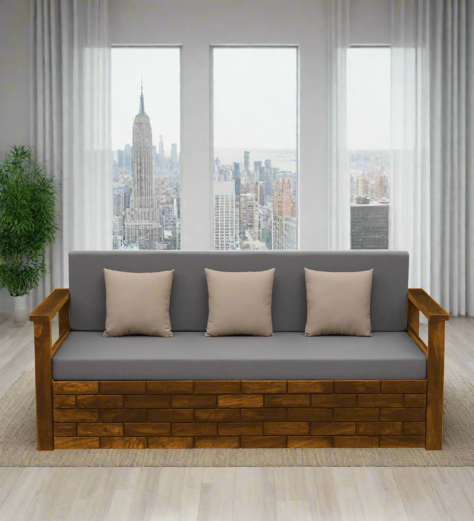 Imani Sheesham Wood Pull Out 3 Seater Sofa Cum Bed In Rustic Teak Finish with Storage - Febonic Living