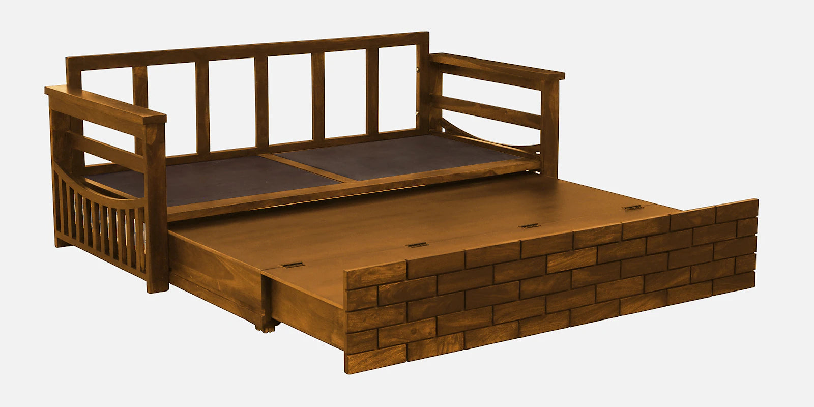 Imani Sheesham Wood Pull Out 3 Seater Sofa Cum Bed In Rustic Teak Finish with Storage - Febonic Living