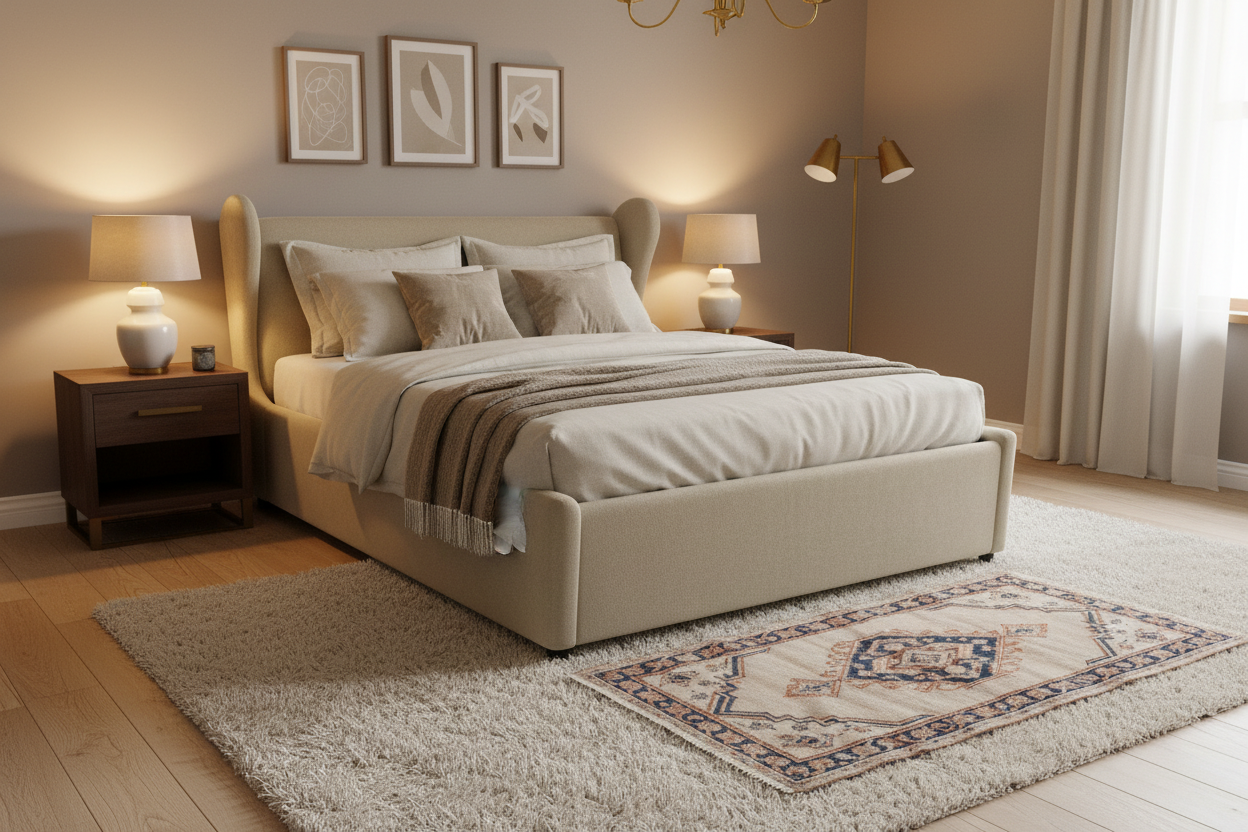 Ivana Velvet Upholstered Queen Size Bed In Camel Beige Colour