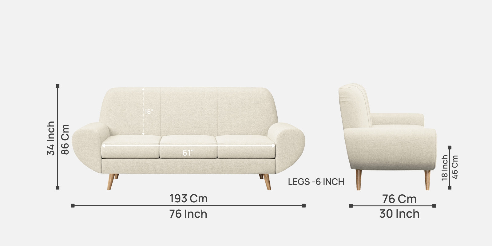 Jessy Fabric 3 Seater Sofa In Ivory Cream Colour