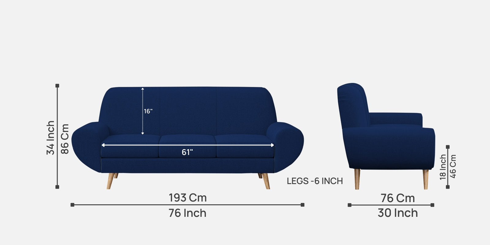 Jessy Fabric 3 Seater Sofa In Royal Blue Colour