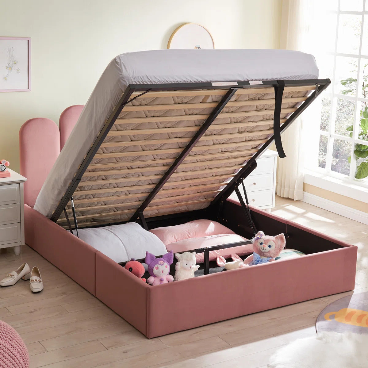 Jille Velvet Upholstered Single Size Bed In Millenial Pink Colour