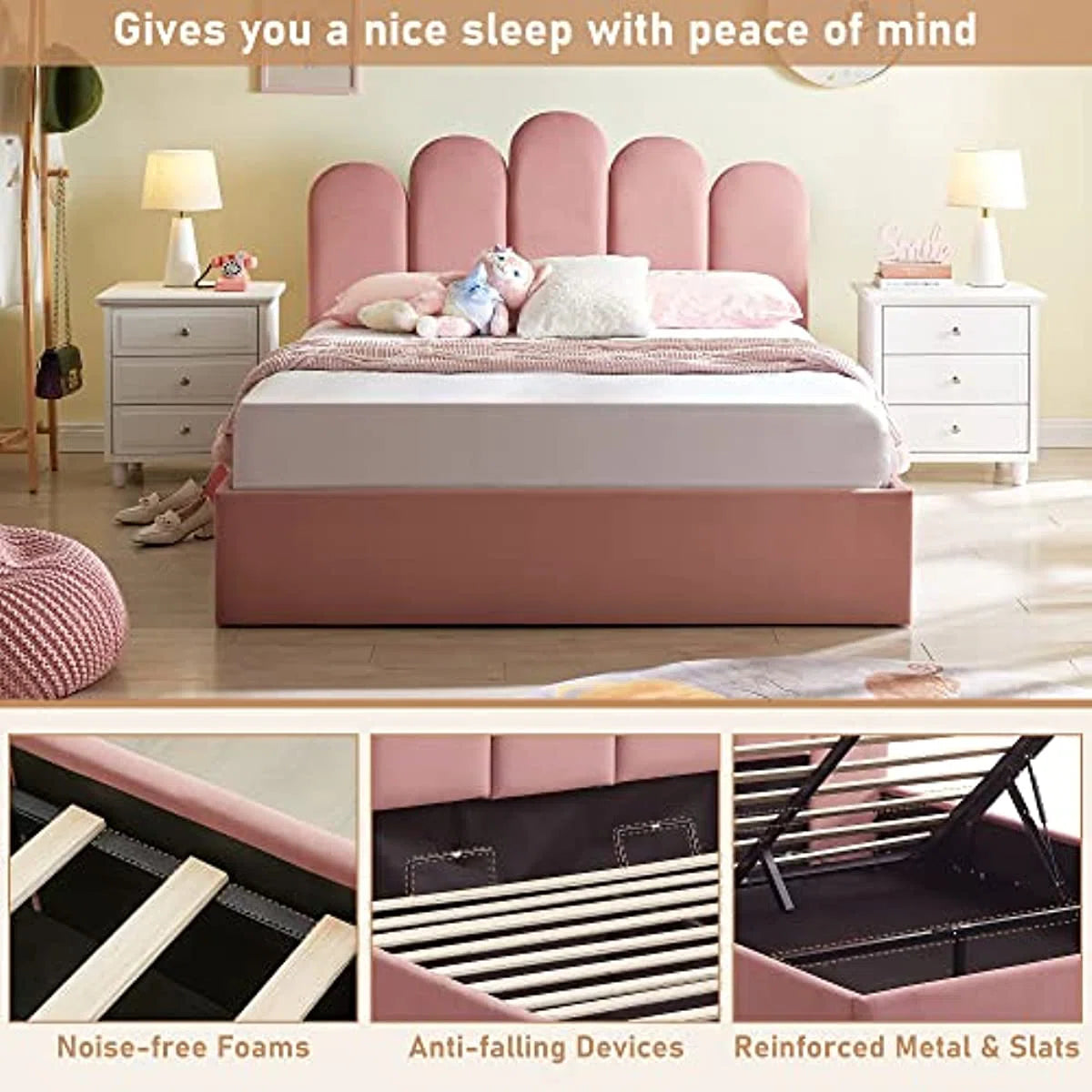 Jille Velvet Upholstered Single Size Bed In Millenial Pink Colour