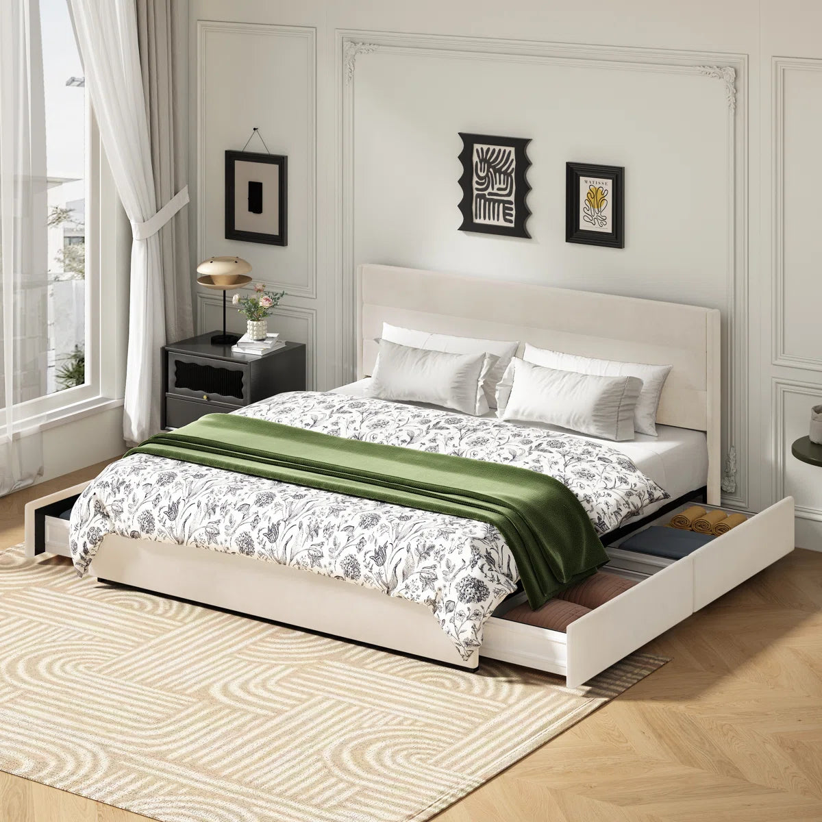 Joma Velvet Upholstered King Size Bed In Warm White Colour With Drawer Storage