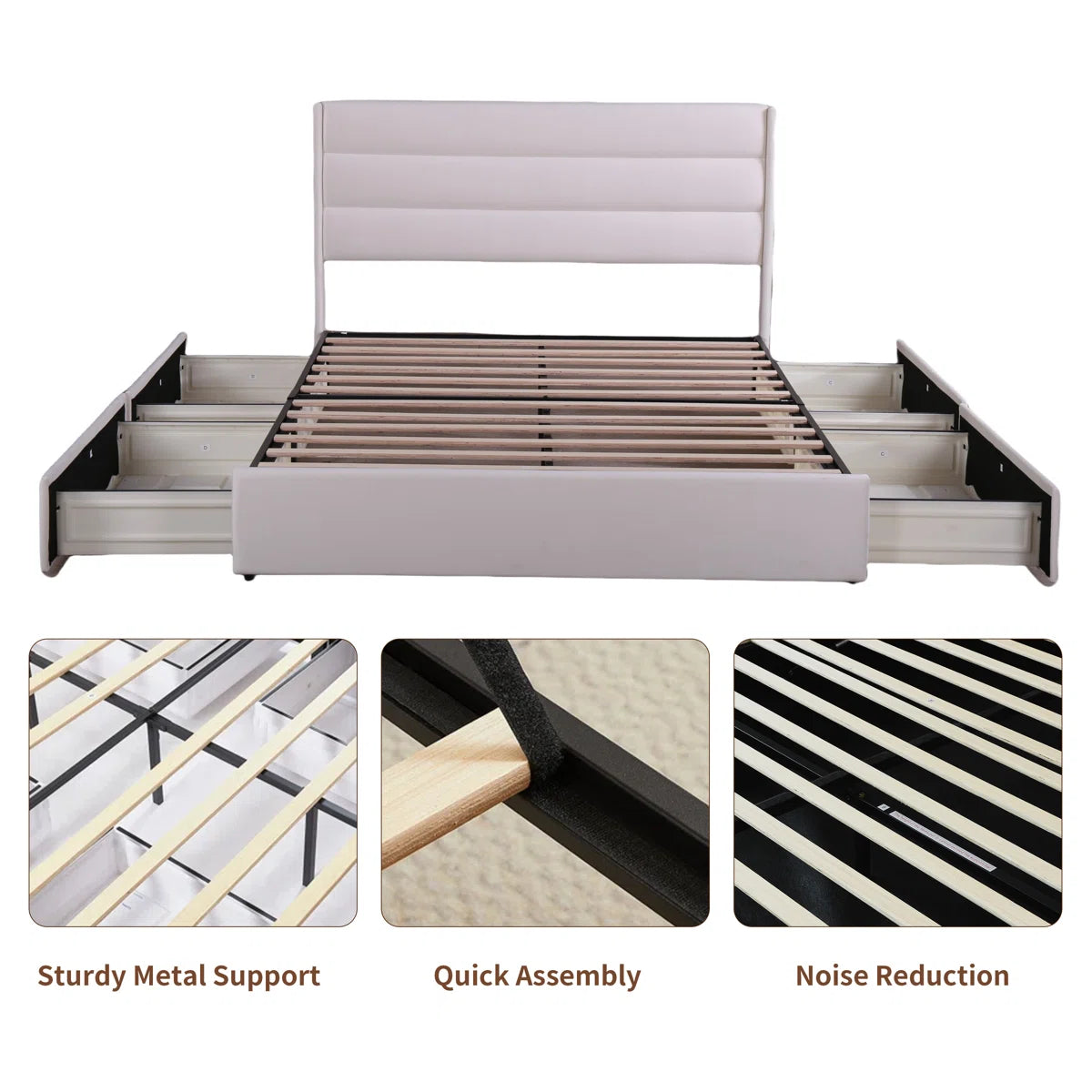 Joma Velvet Upholstered King Size Bed In Warm White Colour With Drawer Storage