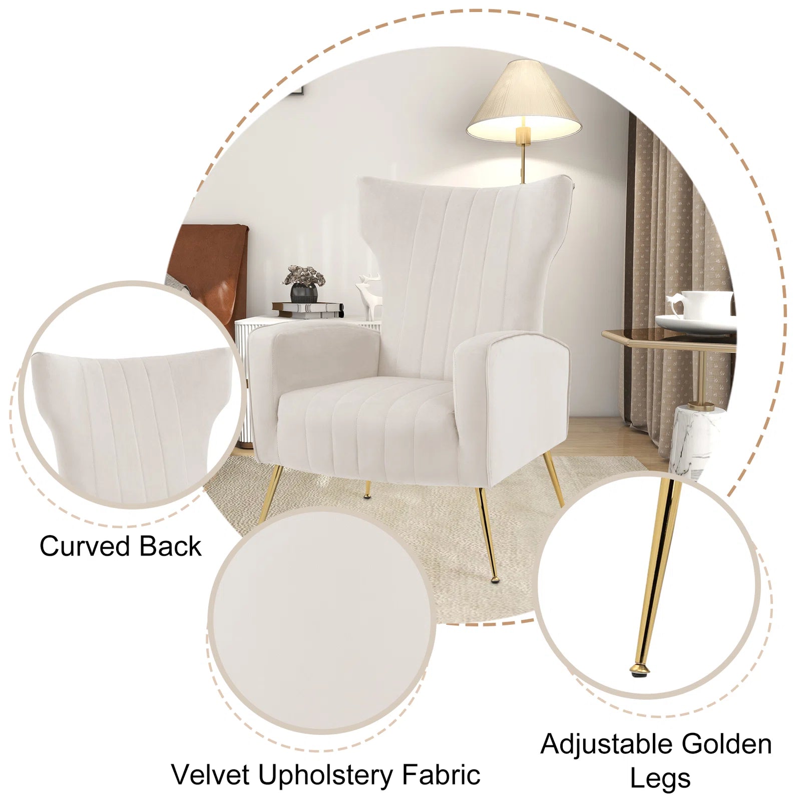 Cadal Velvet Wing Chair In Warm White Colour