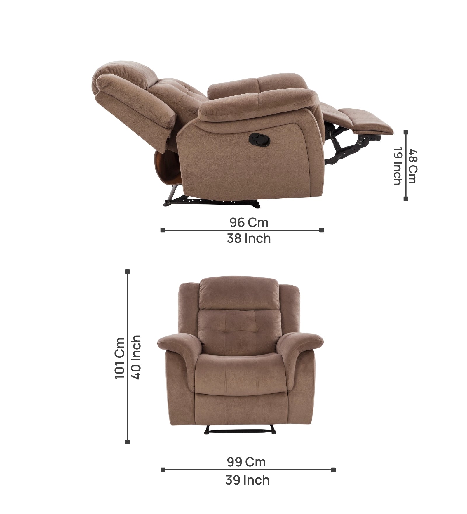Joy 1 Seater Motorized Velvet Fabric Recliner - Mocha Mouse - Dimensions by Febonic Living