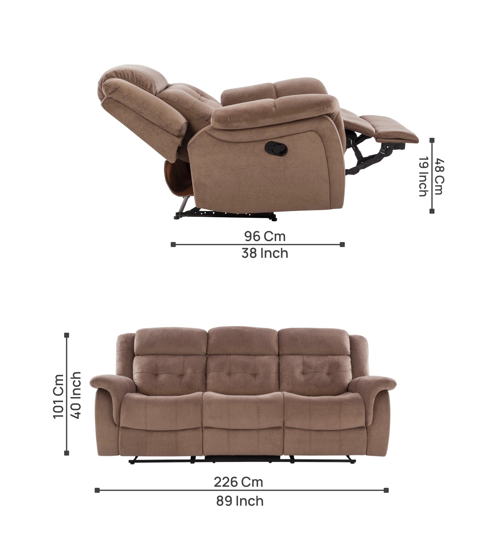 Joy 3 Seater Motorized Velvet Fabric Recliner - Mocha Mouse - Dimensions by Febonic Living