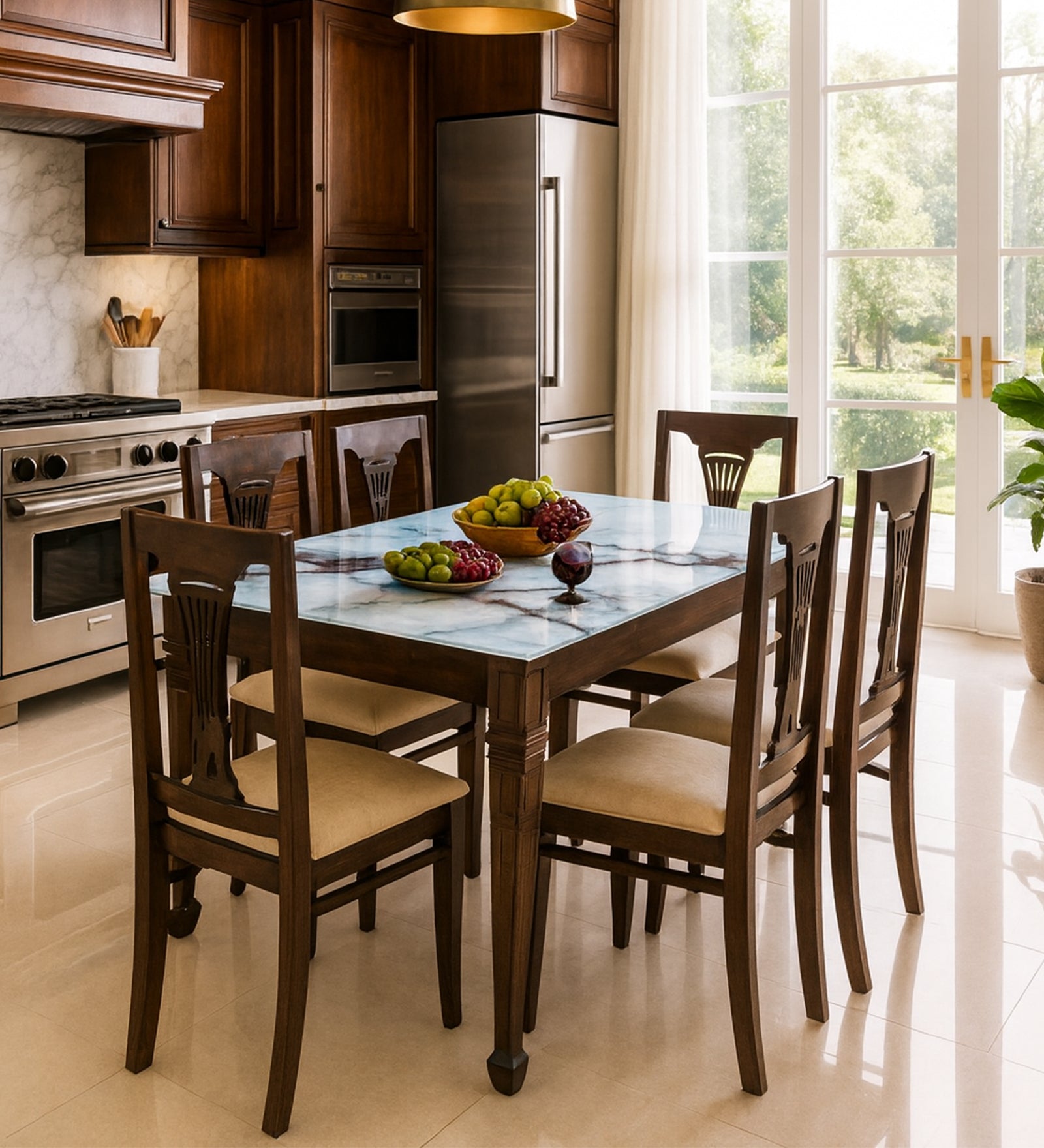 Kastal Sheesham Wood 6 Seater Dining Set in Wenge Colour With Marble Top