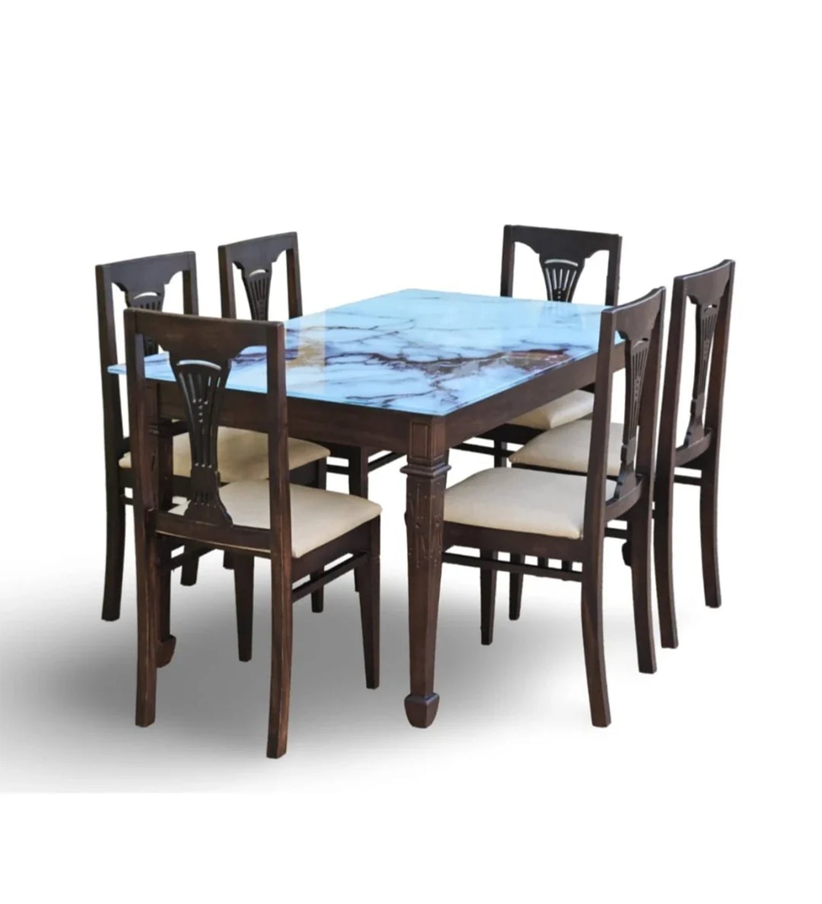 Kastal Sheesham Wood 6 Seater Dining Set in Wenge Colour With Marble Top
