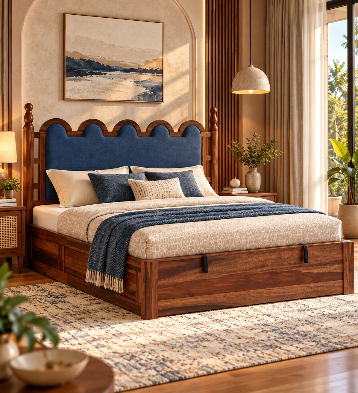 Katu Sheesham Wood King Size Bed In Provincial Teak Finish With Hydraulic Storage