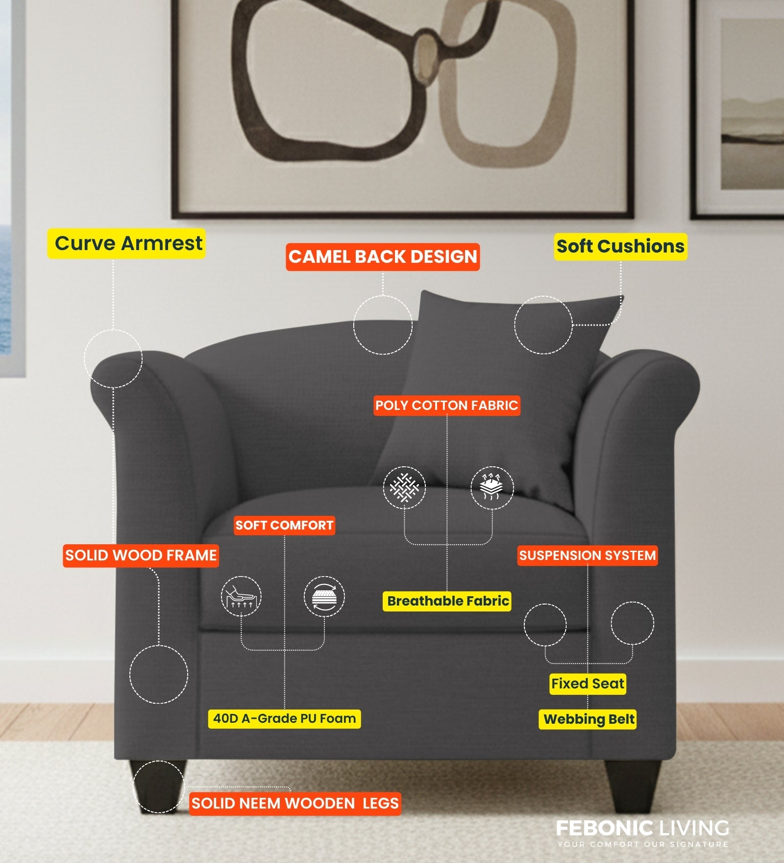 Kimber Fabric 1 Seater Sofa In Cosmic Beige Colour