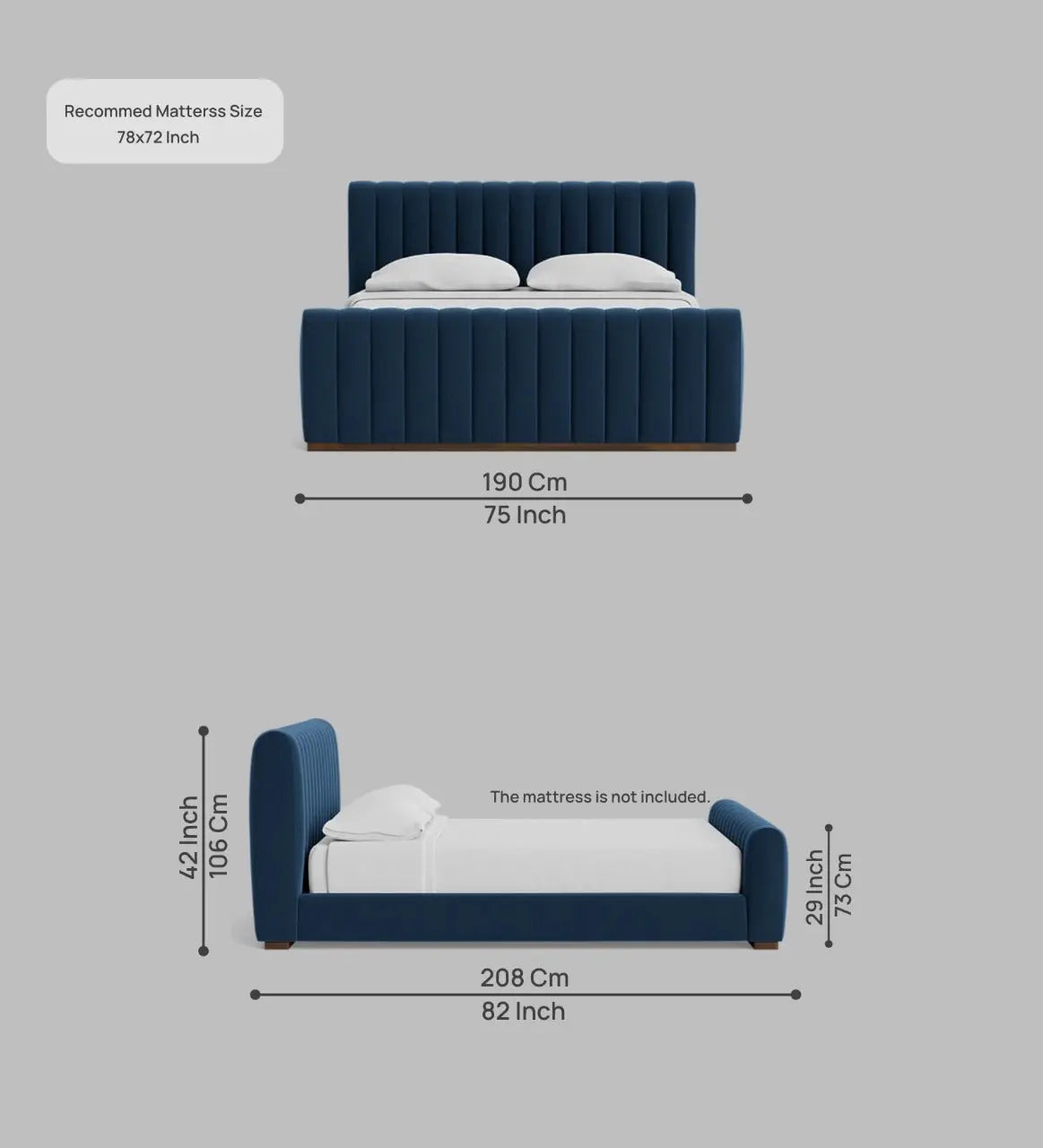 Nalan Fabric Upholstered King Size Bed in Imperial Blue Colour Febonic Living