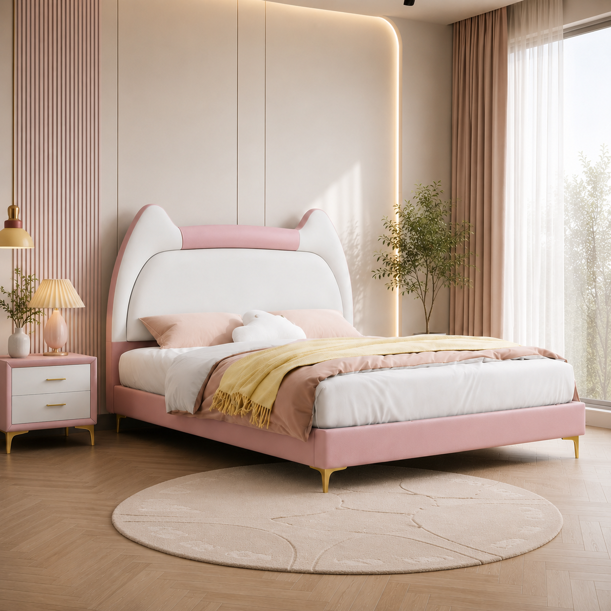 Kitty Upholstered Velvet Kids Bed Without Storage - Pink & White - Bedroom View 1 by Febonic Living
