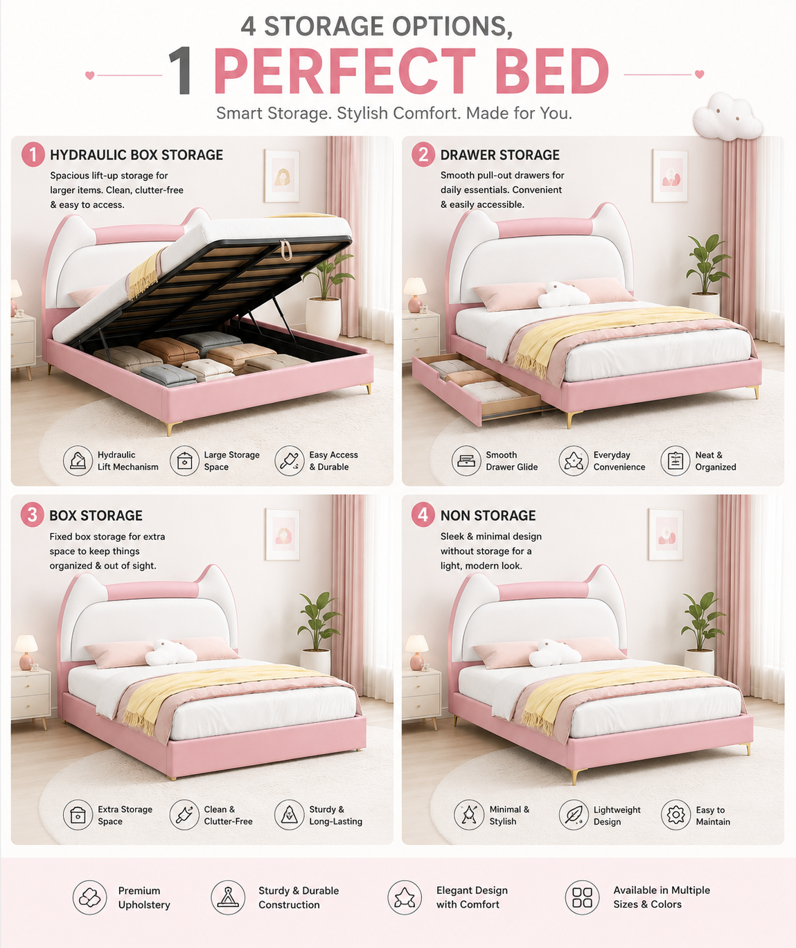 Kitty Upholstered Velvet Queen Bed With Storage - Pink & White - Dimensions by Febonic Living