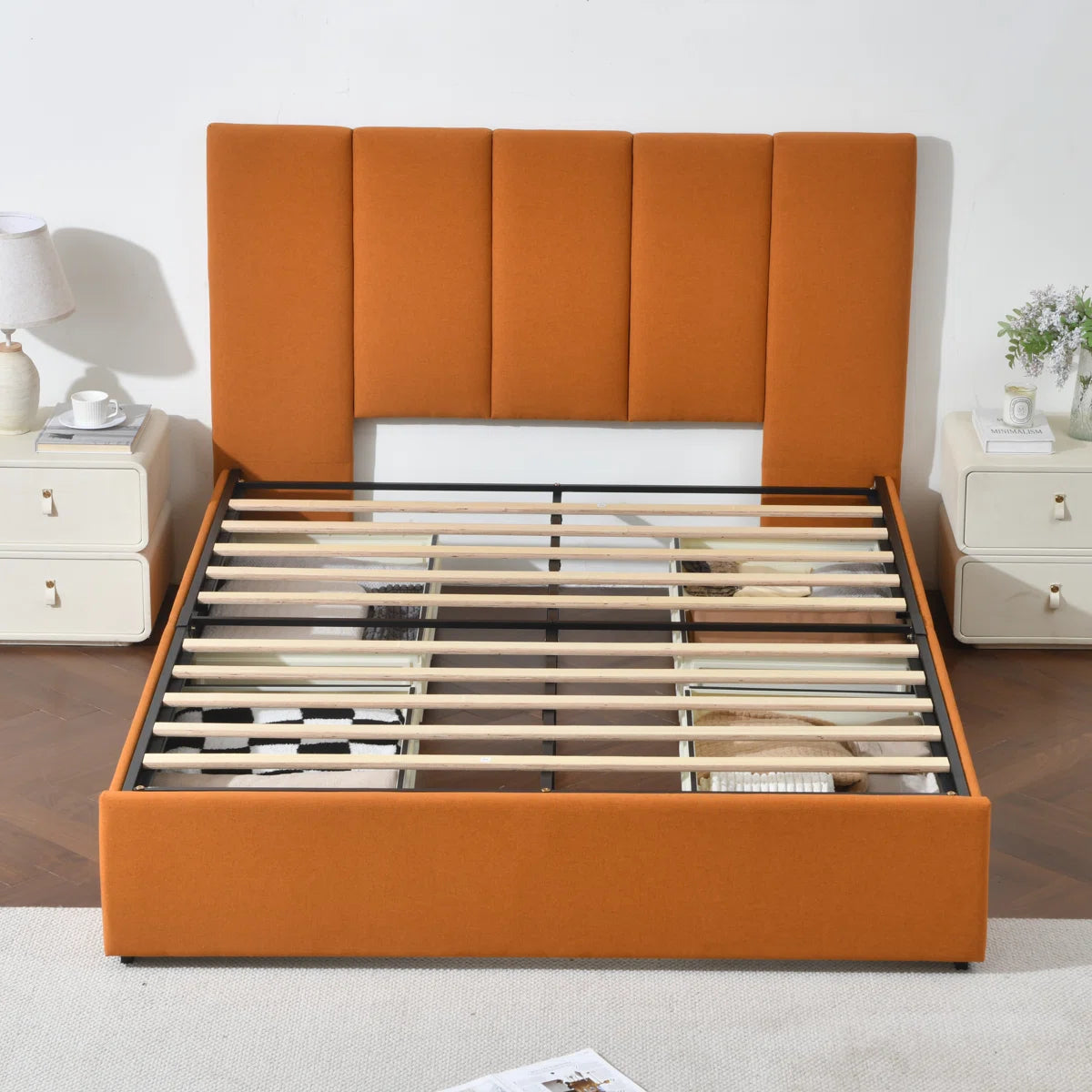 Korin Fabric Upholstered Queen Size Bed In Royal Orange Colour with Drawer Storage