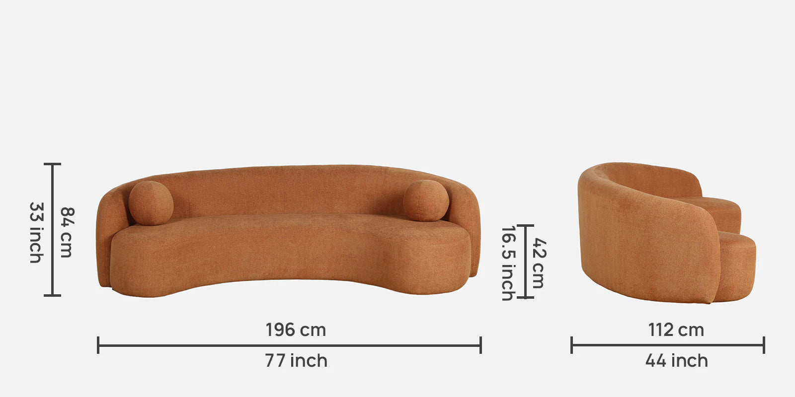 Kurva Boucle Fabric 3 Seater Curved Sofa In Light Orange Colour