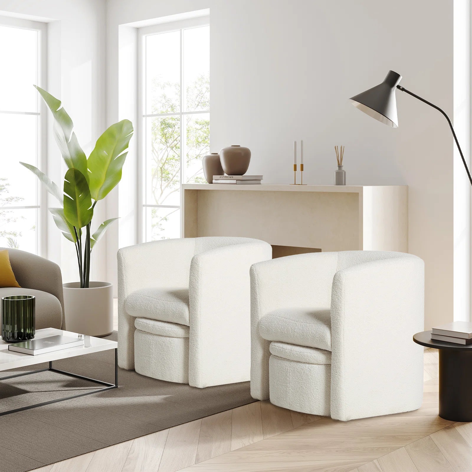 Azma Boucle Barrel Chair With Storage Ottoman in Shell White Colour - Febonic Living