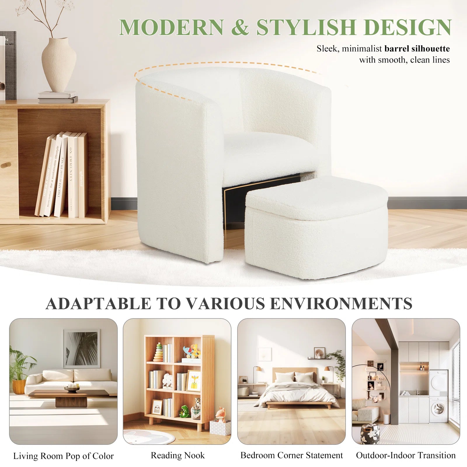 Azma Boucle Barrel Chair With Storage Ottoman in Shell White Colour - Febonic Living