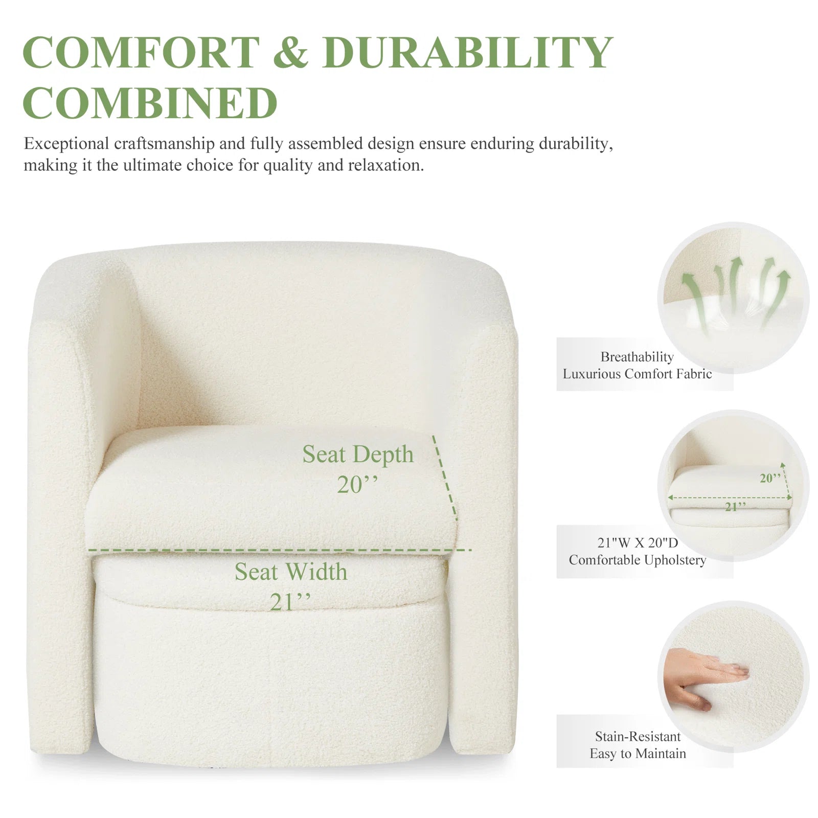 Azma Boucle Barrel Chair With Storage Ottoman in Shell White Colour - Febonic Living