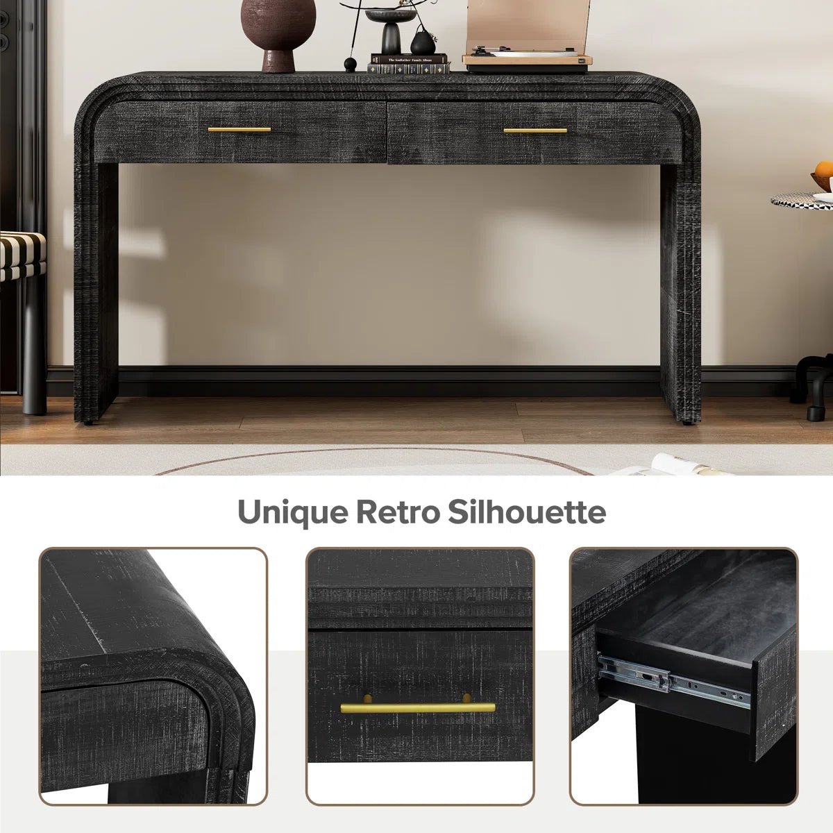 Kynlee Solid Wood Console Table In Antique Black Wood Finish - Febonic Living