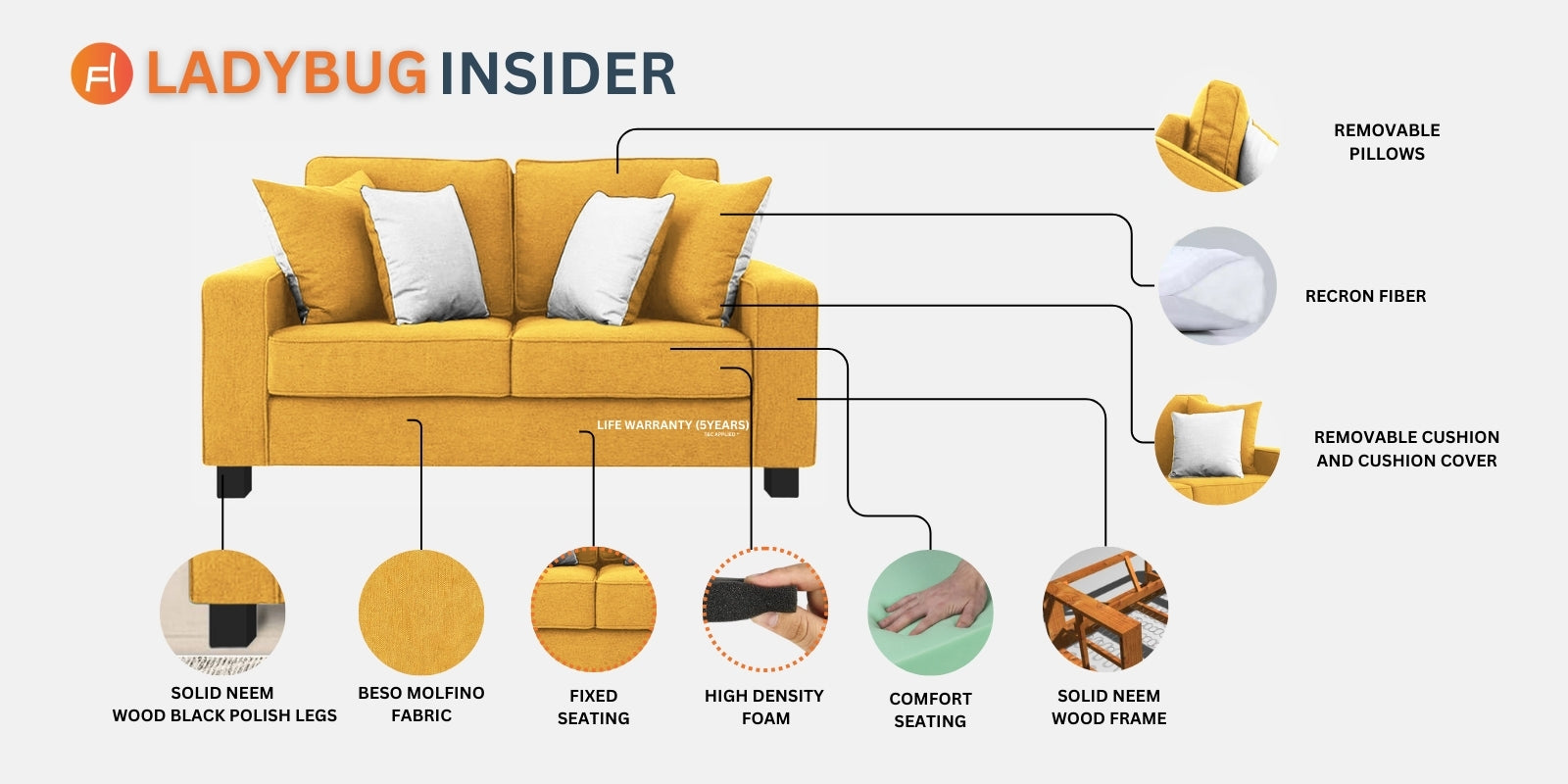 Ladybug Fabric 2 Seater Sofa In Vivid Orange Colour - Febonic Living