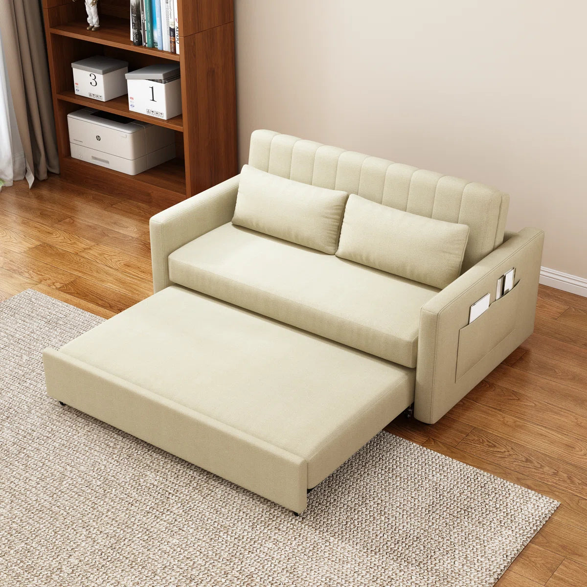 Elan Fabric 2 Seater Pull Out Sofa Cum Bed In Ivory Cream Colour