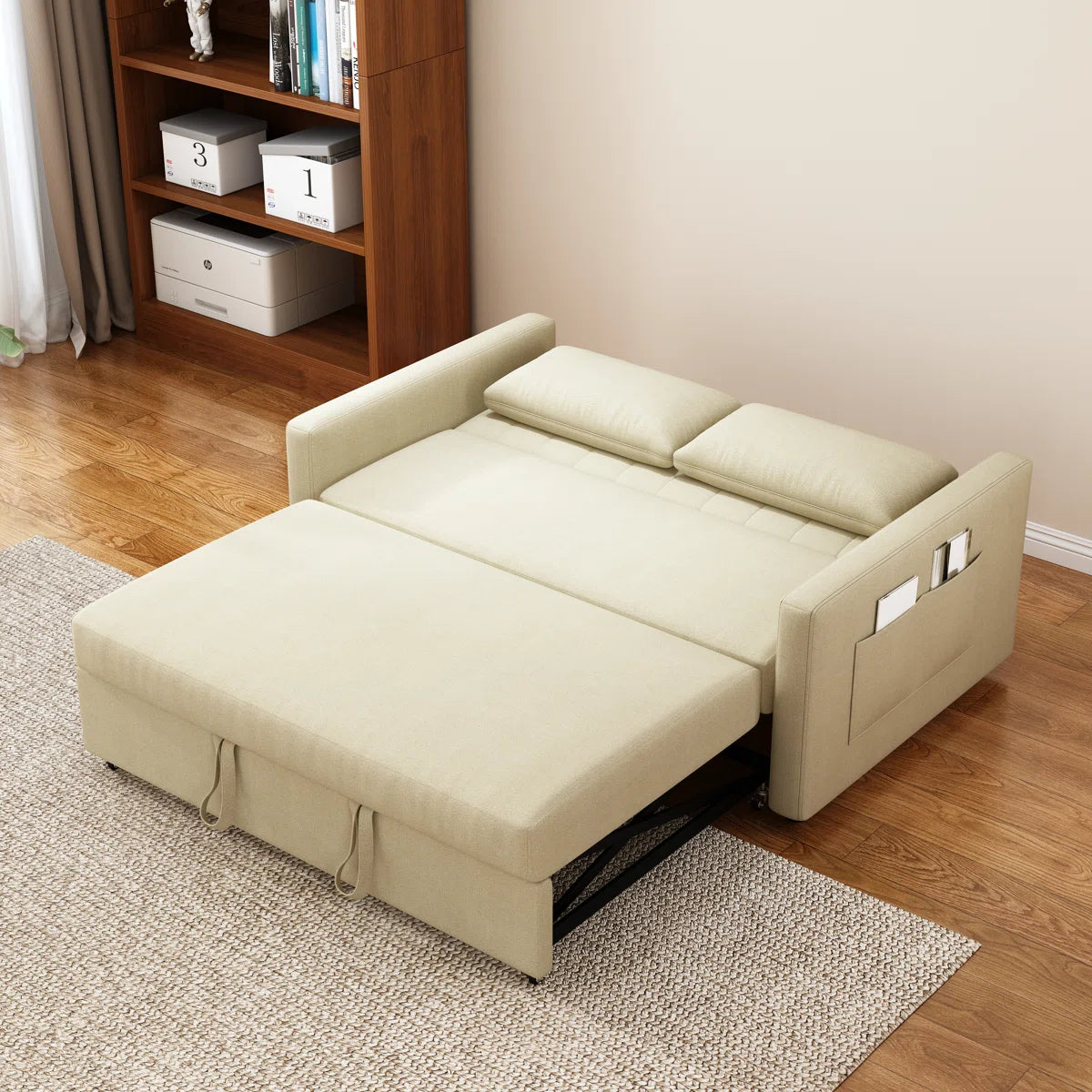 Elan Fabric 2 Seater Pull Out Sofa Cum Bed In Ivory Cream Colour