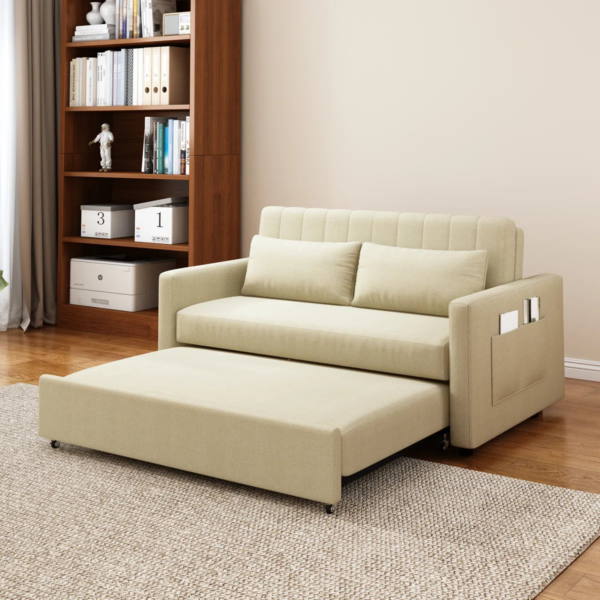 Elan Fabric 2 Seater Pull Out Sofa Cum Bed In Ivory Cream Colour