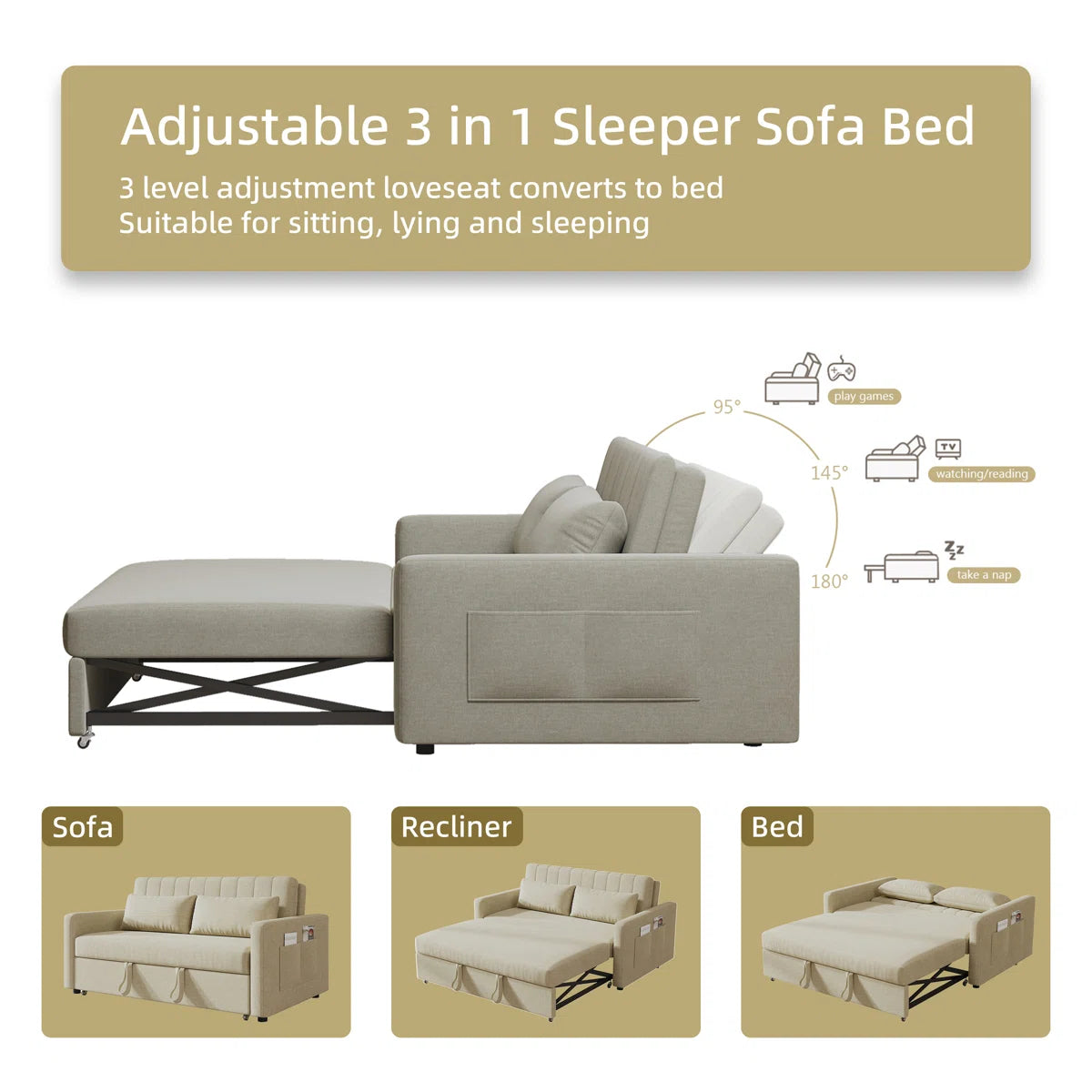 Elan Fabric 2 Seater Pull Out Sofa Cum Bed In Ivory Cream Colour