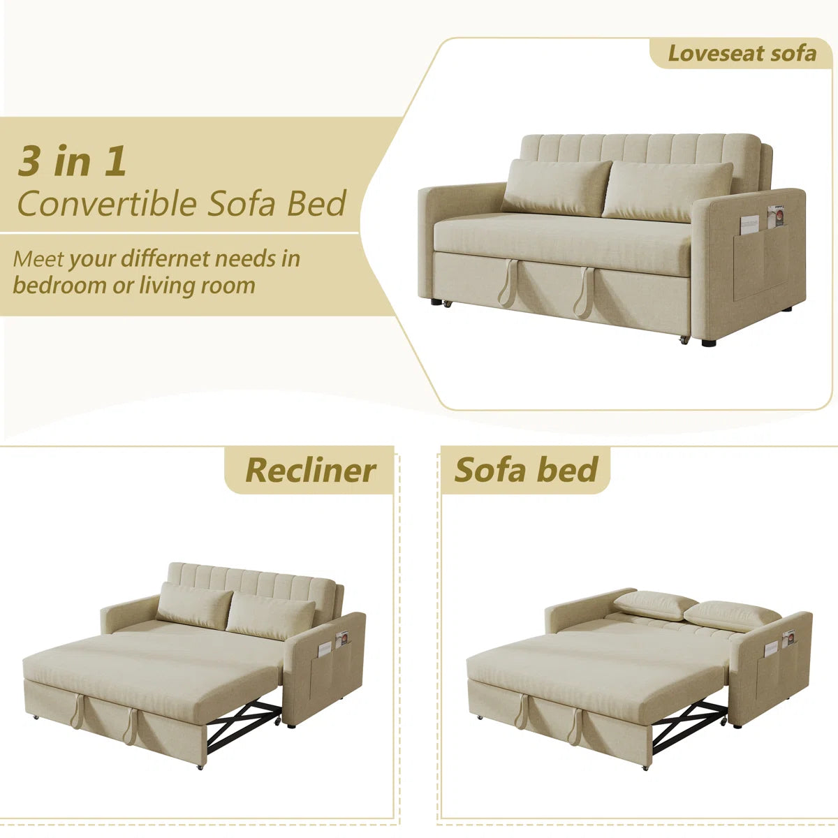 Elan Fabric 2 Seater Pull Out Sofa Cum Bed In Ivory Cream Colour