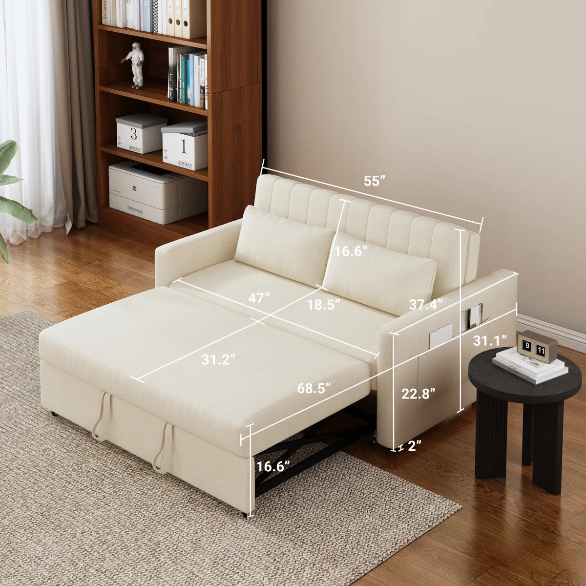 Elan Fabric 2 Seater Pull Out Sofa Cum Bed In Ivory Cream Colour