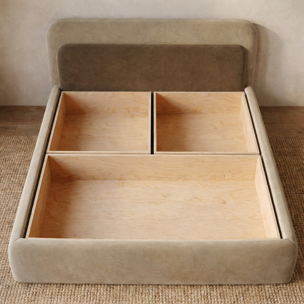 Lavis Velvet Upholstered Queen Size Bed In Camel Beige Colour With Box Storage