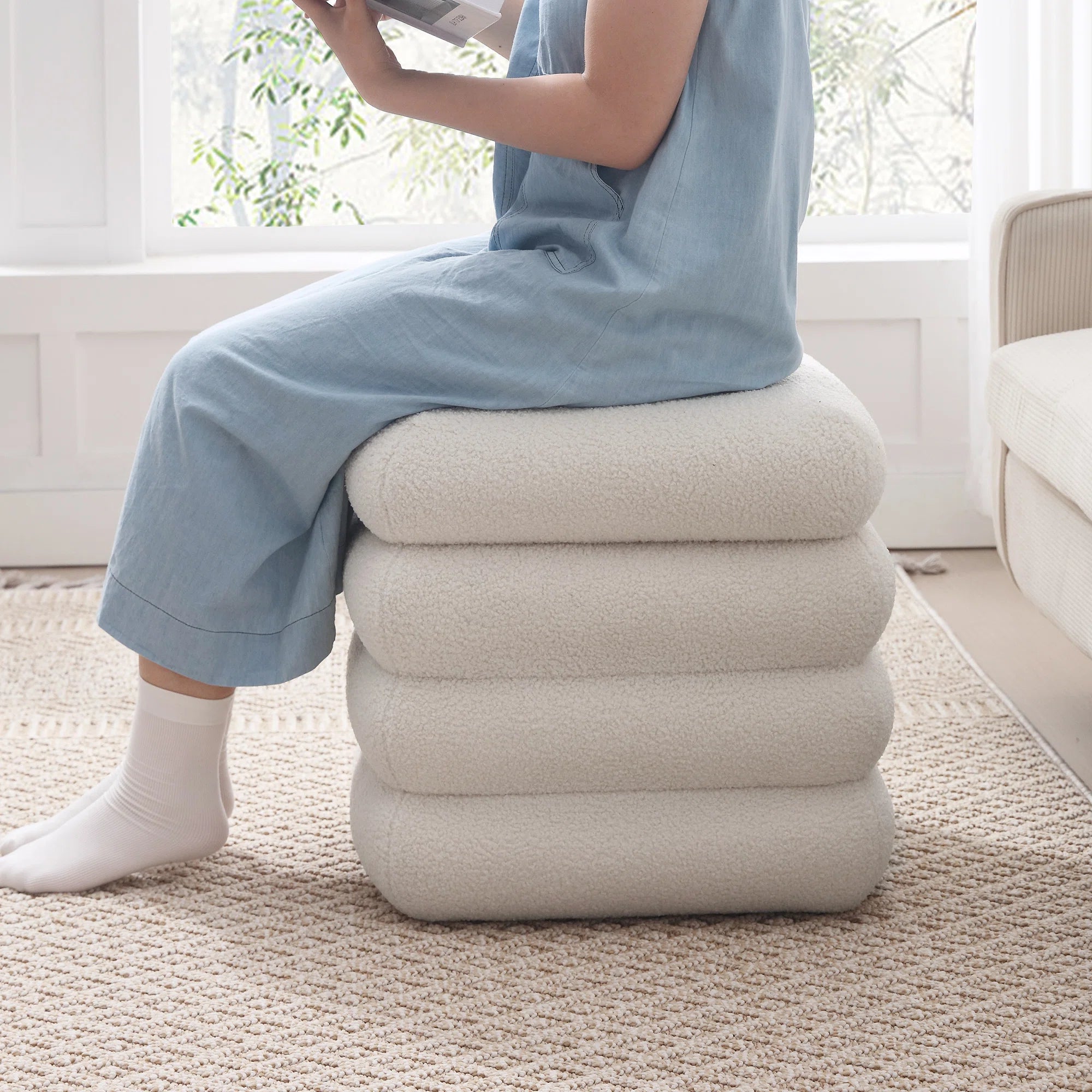 Lina Boucle Fabric Ottoman in Bright White Colour With Storage