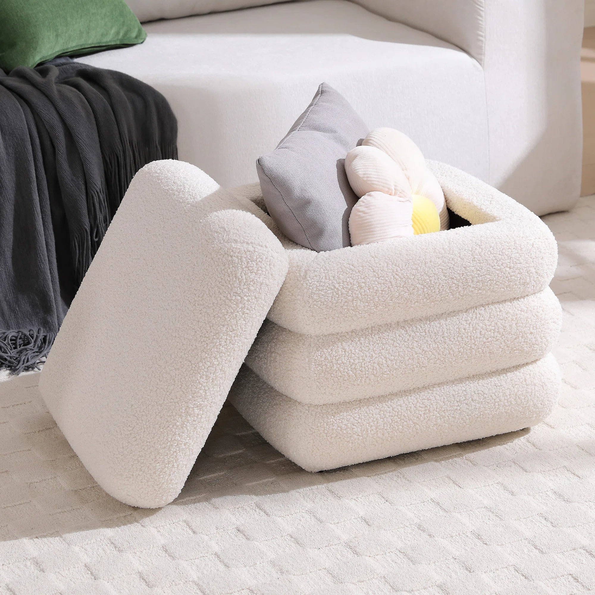 Lina Boucle Fabric Ottoman in Bright White Colour With Storage