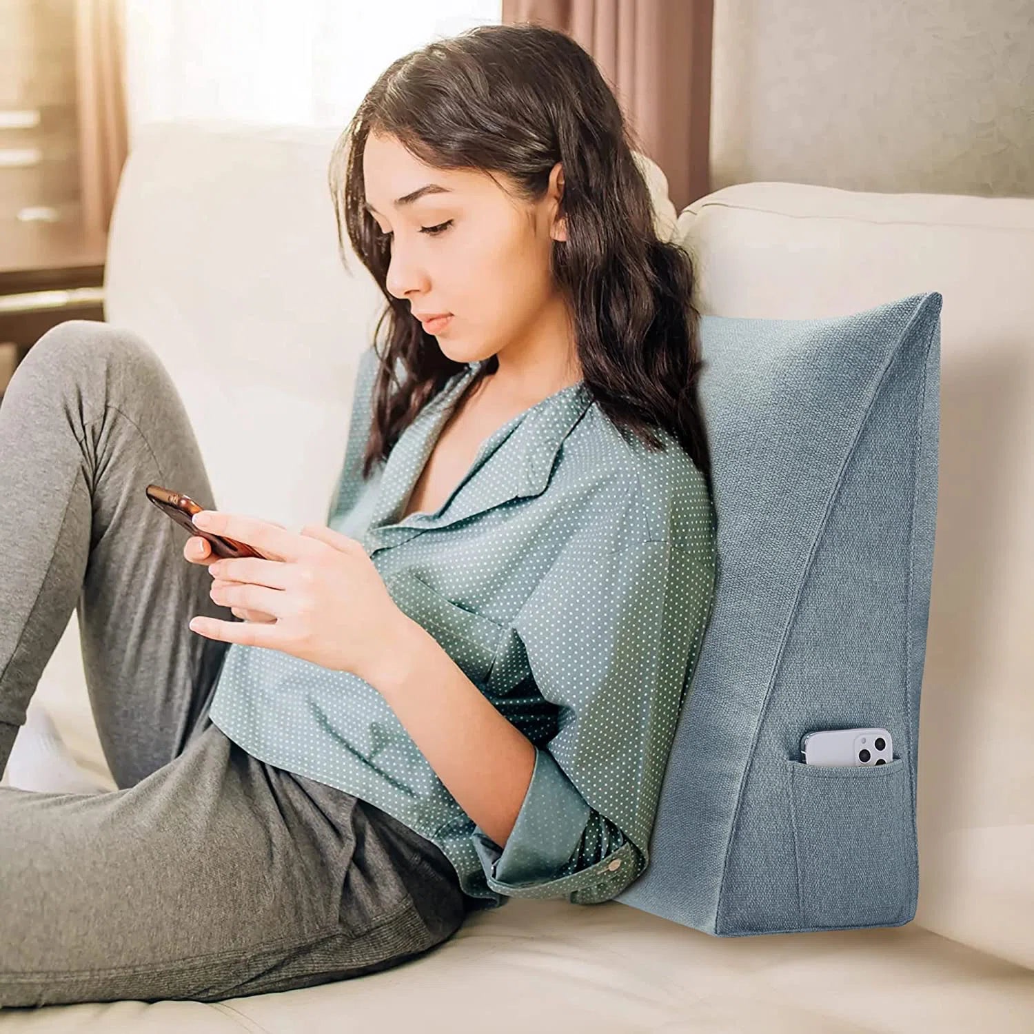Light Fabric Back Support Wegde Pillows in Light Blue Colour - Febonic Living