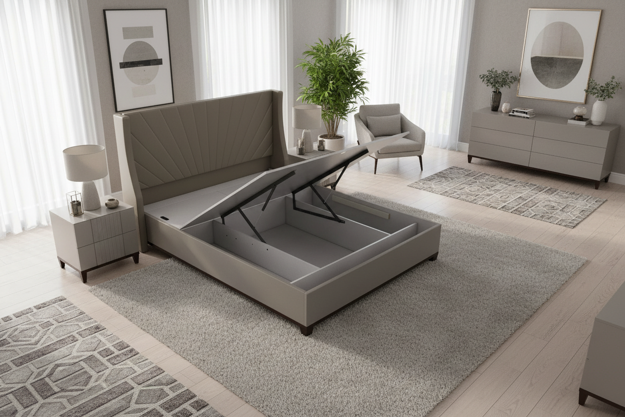 Lipin Leatherette Upholstered Queen Size Bed In Steel Grey With Hydraulic Storage
