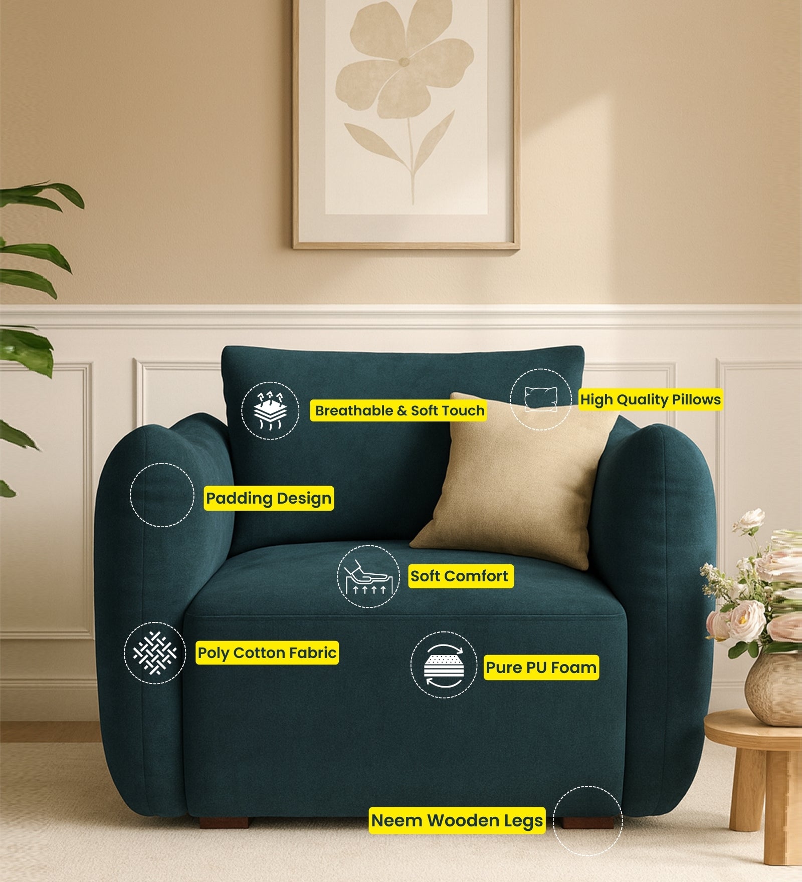 Lisa Fabric 1 Seater Sofa In Sea Blue Colour