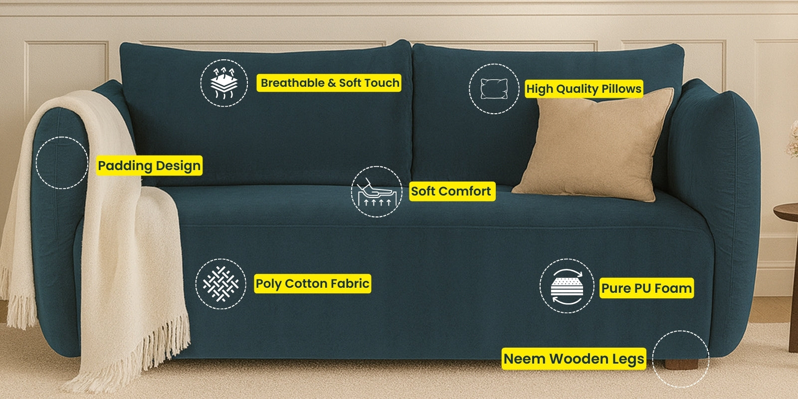 Lisa Fabric 2 Seater Sofa In Cotton Beigen Colour